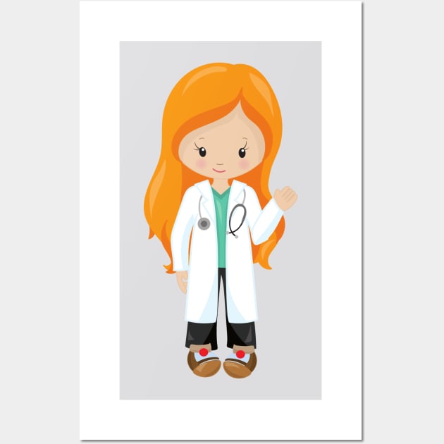 Doctor, Nurse, Stethoscope, Lab Coat, Orange Hair Wall Art by Jelena Dunčević